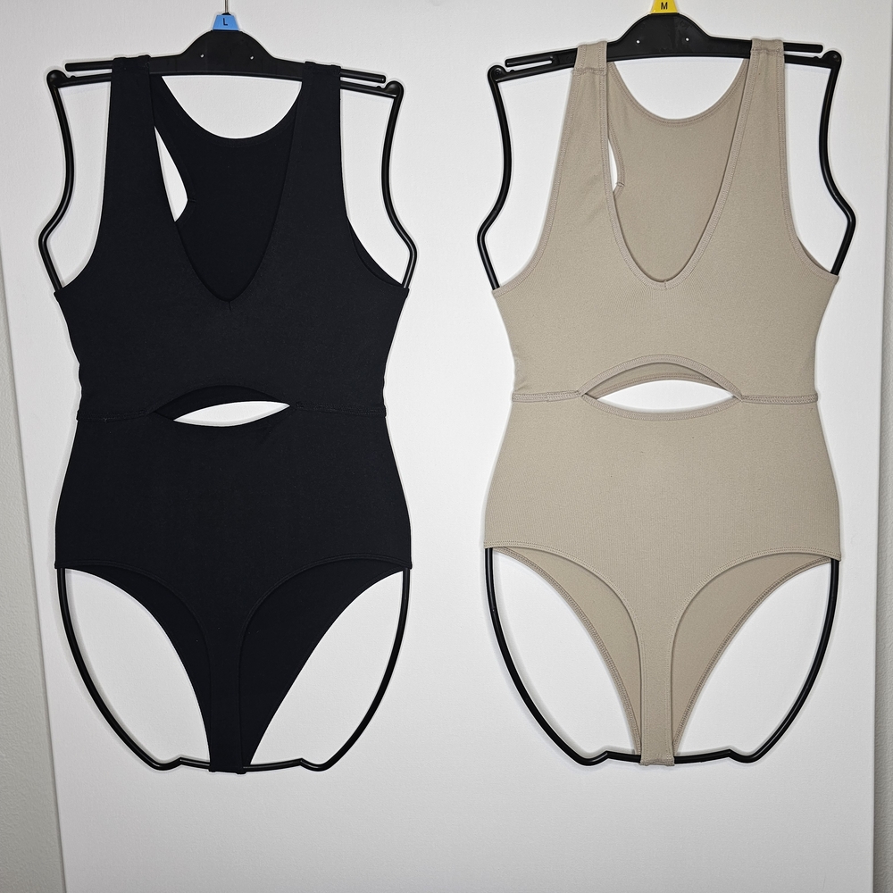 Colsie Cutout Bodysuit Bundle | Black L & Beige M | Ribbed Stretch Loungewear